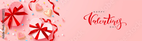 Happy Valentine's Day card. Vector illustration with 3D gift boxes, heart shaped cookies, sweets, marshmallows and confetti. Holiday background for postcard, banner, poster and other design