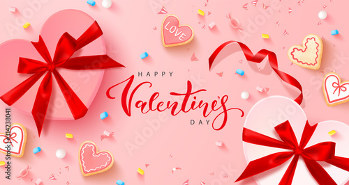 Holiday card for Valentine's Day. Background with realistic gift boxes, heart shaped cookies, sweets, marshmallows and confetti. Modern design for postcards, banners, posters and promotional materials