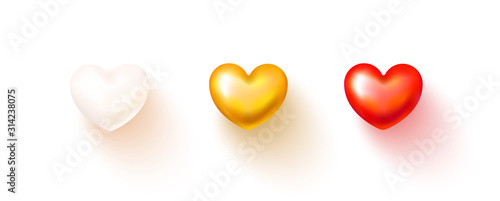 Set of realistic hearts isolated on transparent background.White, red and gold 3D heart with shadow.Vector illustration