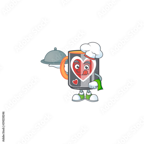 cartoon design of mug love as a Chef having food on tray