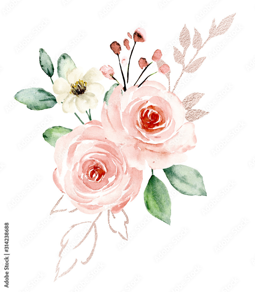 Flowers pink watercolor, floral blossom clip art. Bouquet blush roses ...