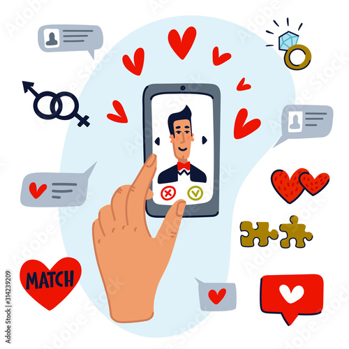 Online dating concept. Young man and woman searching for love with a Mobile phone application. Flat style vector illustration