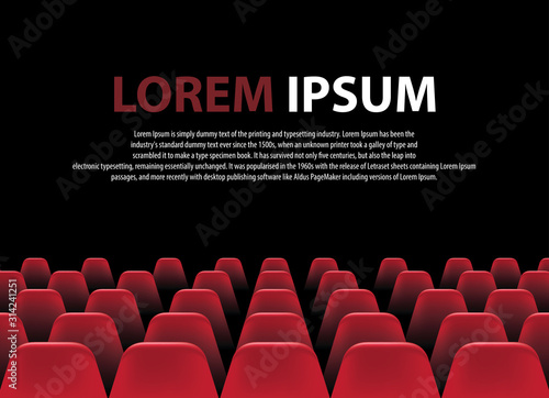 Movie cinema premiere poster design with white screen and rows of red chairs in the darkness.