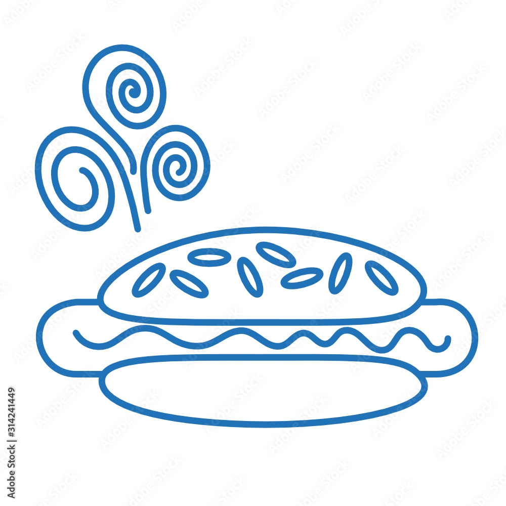 hot dog with sausage and mustard or ketchup, sprinkled with sesame seeds, blue linear icon on white isolated background hot dog with sausage and mustard or ketchup, sprinkled with sesame seeds, blue linear icon on white isolated background