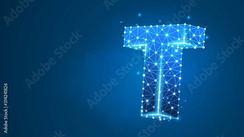 Alphabet letter T. Design of an Uppercase english letter. Banner, template or a pattern. Abstract digital wireframe, low poly mesh, Raster blue neon 3d illustration. Triangle, line, dot