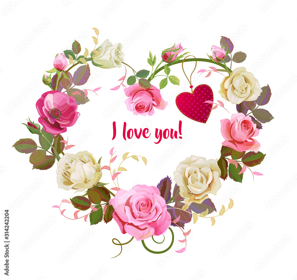 Heart of flowers. Valentine's Day card. Red, pink, white roses, purple anemones, red heart, green twigs, buds, leaves on white background. Digital draw, concept for design in watercolor style, vector