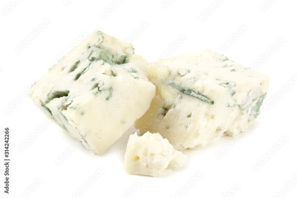 cut of blue cheese isolated on white background. macro cut of blue cheese isolated on white background. macro