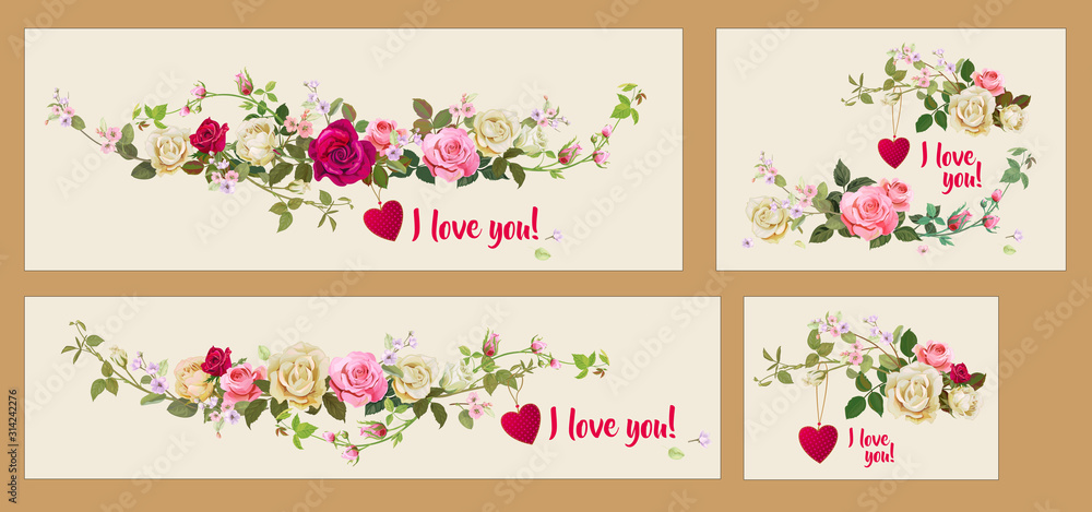 Set of Valentine's Day cards: bouquet white, pink, red roses, spring blossom. Horizontal rectangular template: red heart, flowers, leaves, white background, vintage watercolor style, vector Set of Valentine's Day cards: bouquet white, pink, red roses, spring blossom. Horizontal rectangular template: red heart, flowers, leaves, white background, vintage watercolor style, vector