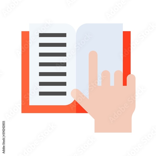 Open book with hand pointing, flat style icon