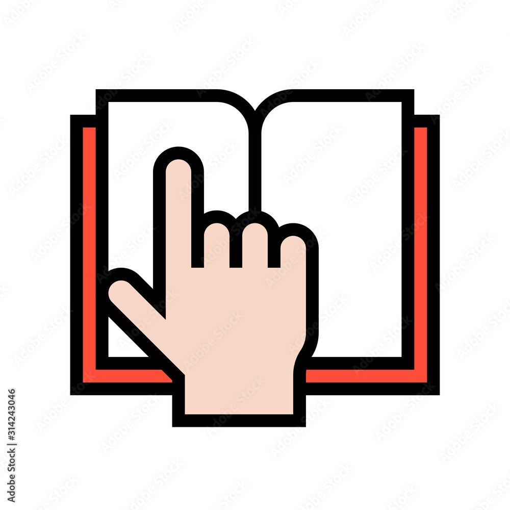 Open book with hand pointing, filled style icon Open book with hand pointing, filled style icon