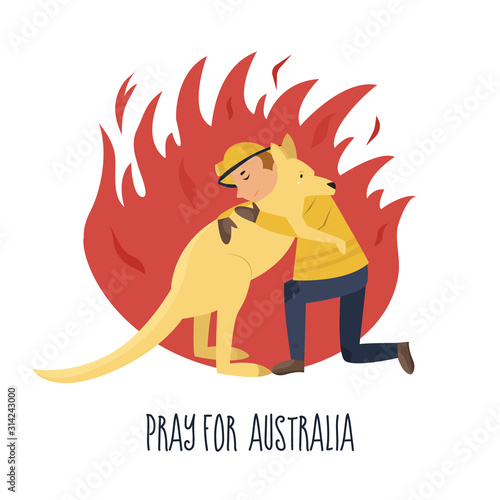 Illustration of a fire fighter rescuing kangaroo