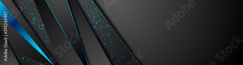 Black technology abstract banner with blue dots circles. Vector geometric background