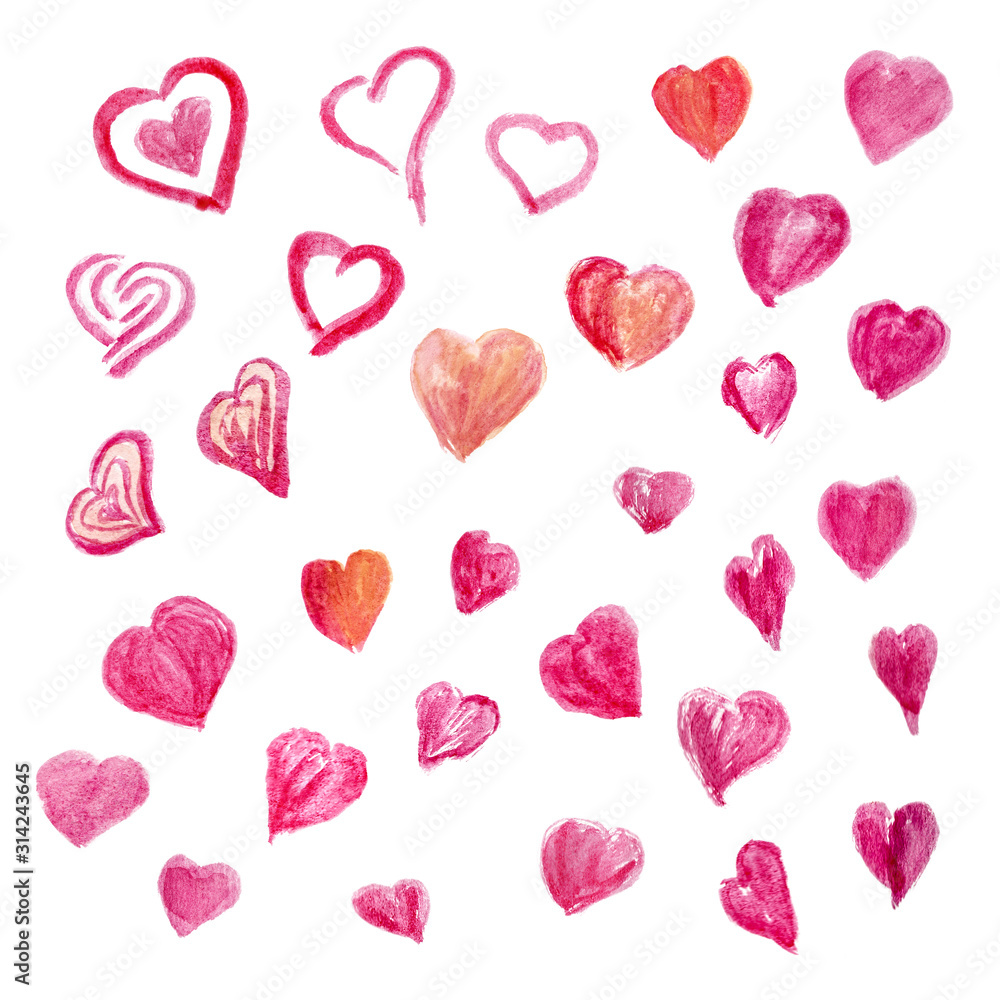Many pink and beige watercolor hearts isolated on a white background. Set of hand-drawn cliparts, love pattern, design element for romantic concept
