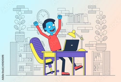 Happy freelancer with laptop jumped up for joy. Succesful man with computer. Online winning celebration. Vector illustration.
