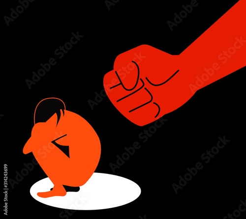 Vector illustration of abusive toxic spouse relationship. Sad crying frightened woman crawled in corner with agressive male fist over her. Man hit and physically abuse and threaten wife.