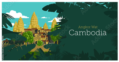 Famous Landmark of Cambodia, Angkor Wat. Vector illustration. Siem Reap, Cambodia.