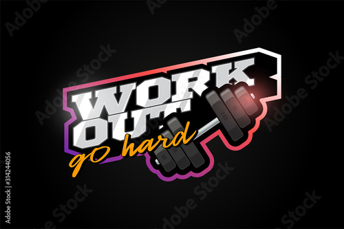 Workout gym mascot Modern professional sport Typography in retro style. Vector design emblem, badge and sporty template logo design