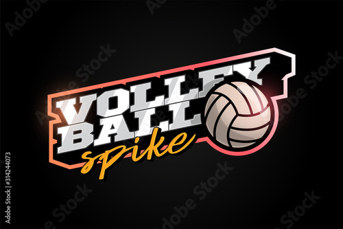 Volleyball mascot Modern professional sport Typography in retro style. Vector design emblem, badge and sporty template logo design