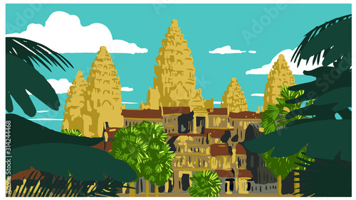 Famous Landmark of Cambodia, Angkor Wat. Vector illustration. Siem Reap, Cambodia.