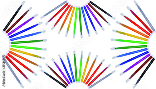 A set of twelve markers with primary colors for drawing and drawing. For the sale and advertising of markers and their application. Felt pen for drawing courses. Set of markers with a cap.