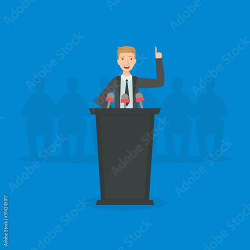 Politician Standing Behind Rostrum and Giving Speech, Male Public Speaker Character at Political Debates Vector illustration