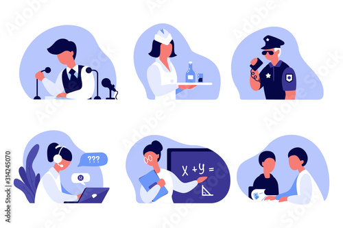 Set of professions related to working with people. Politician at a press conference, a policeman with a walkie-talkie, a stewardess with a tray, an online consultant, a teacher at the blackboard, HR