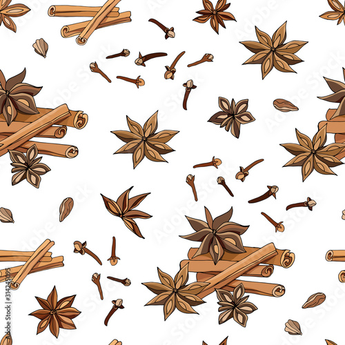 Seamless pattern of anise, cinnamon and cloves on a white background. Vector illustration of spices for winter drinks.