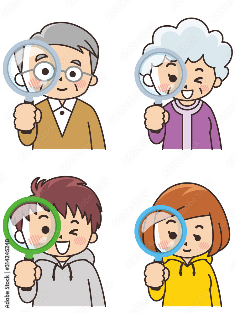 若者とシニア世代が虫眼鏡で覗いている 若者とシニア世代が虫眼鏡で覗いている