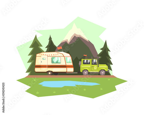 Car Towing Caravan Trailer Against Mountain Landscape Vector illustration