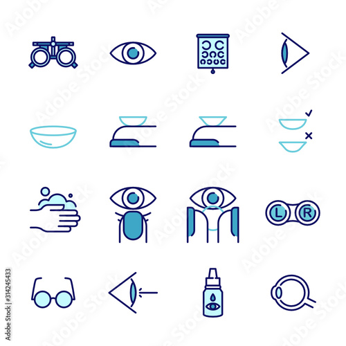 Optometry. Ophthalmology. Contact Lenses. Vector Icon Set.