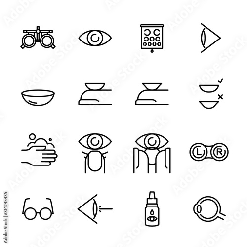 Optometry. Ophthalmology. Contact Lenses. Vector Icon Set.