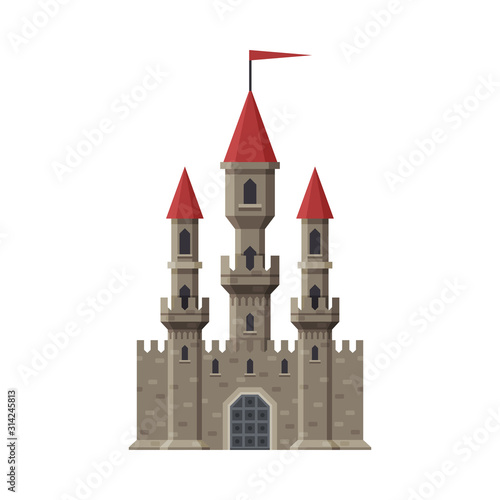 Medieval Fairytale Castle with Towers and Flag, Ancient Fortified Palace Exterior Vector Illustration
