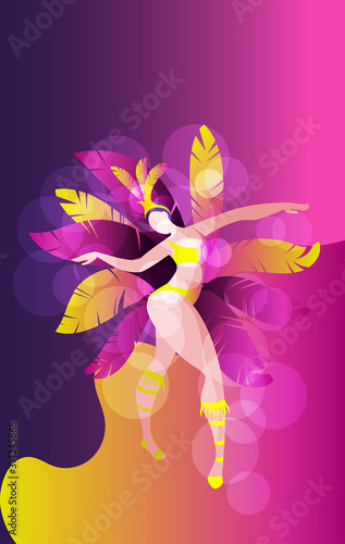 Happy girl dancing samba. Beautiful Brazilian woman in festive costume with feathers. Vector Illustration on a bright background.