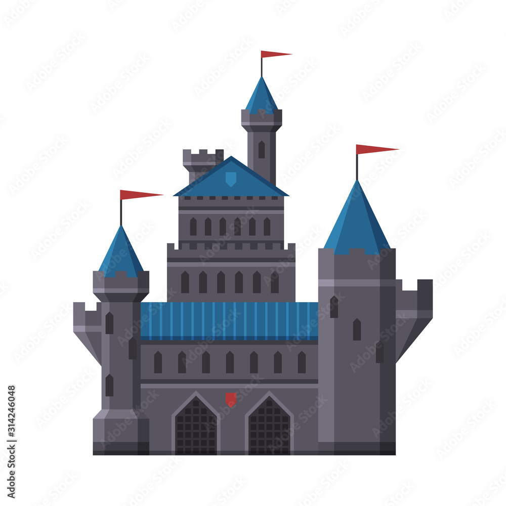 Medieval Castle, Fairytale Fortress with Blue Towers, Old Fortified Palace Vector Illustration