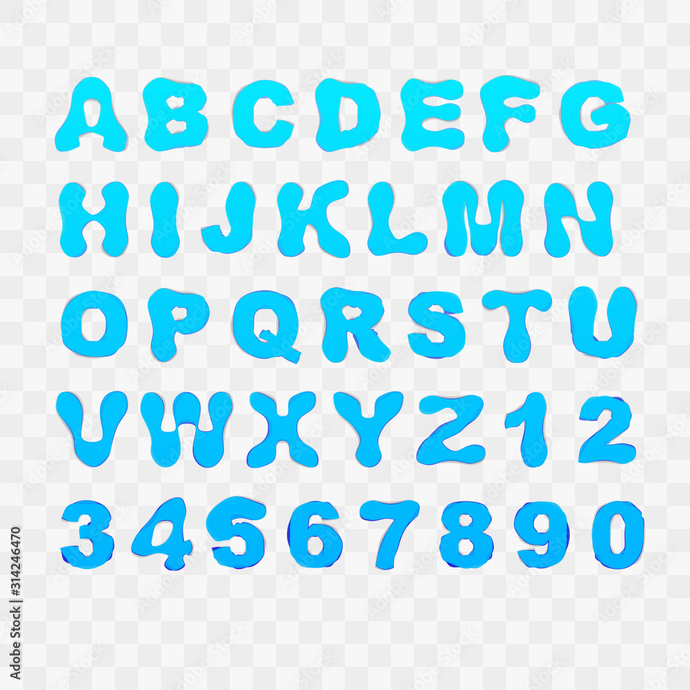 Blue Colored Upper Case Distorted Alphabet Letters and Numbers Collection