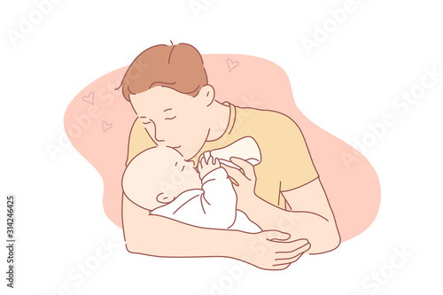 Love, fatherhood, family, care concept. Careful father kisses and hugs lovely child. Family man feeds babe with milk. Fatherhood is great responsibility. Young dad loves his baby. Simple flat vector
