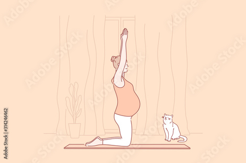 Pregnancy, motherhood, yoga concept. Young mindful pregnant woman does yoga. Motherhood is great responsibility. Calm pet looks on its pregnant owner. Yoga helps during pregnancy. Simple flat vector