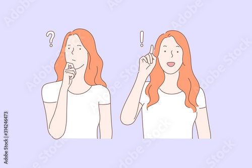 Problem, idea, brainstorm, success set concept. Young woman is looking for solution of problem. Student got idea to answer question. Success came suddenly through active brainstorm. Simple flat vector photo