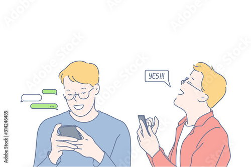 Technology, communication, social media, business, success concept. Guy uses technology to communicate. Communication in social media. Young bussinessman succeed, gladly exclaims. Simple flat vector