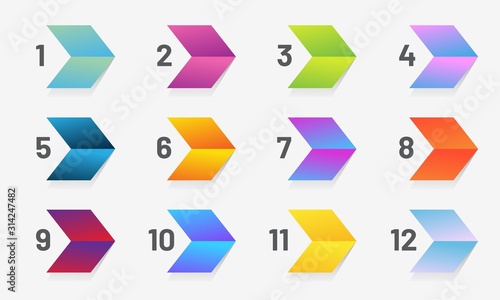 Set of stylize arrow bullet point with number from 1 to 12. Modern vector illustration.