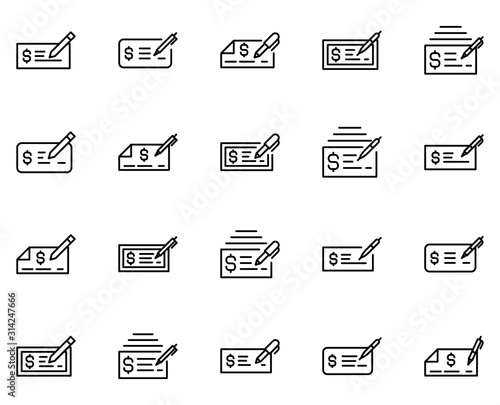 Bank check line icon set