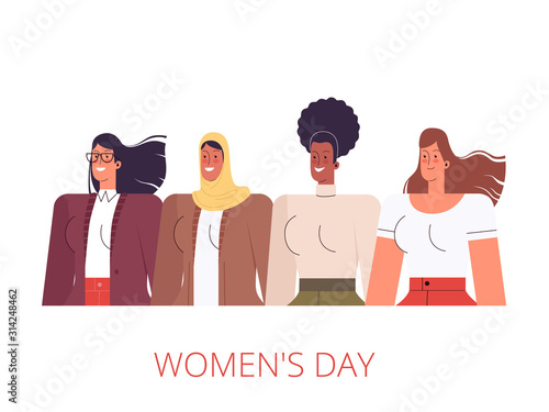 Women of different nationalities stand in a row and smile. The concept of the spring holiday on March 8