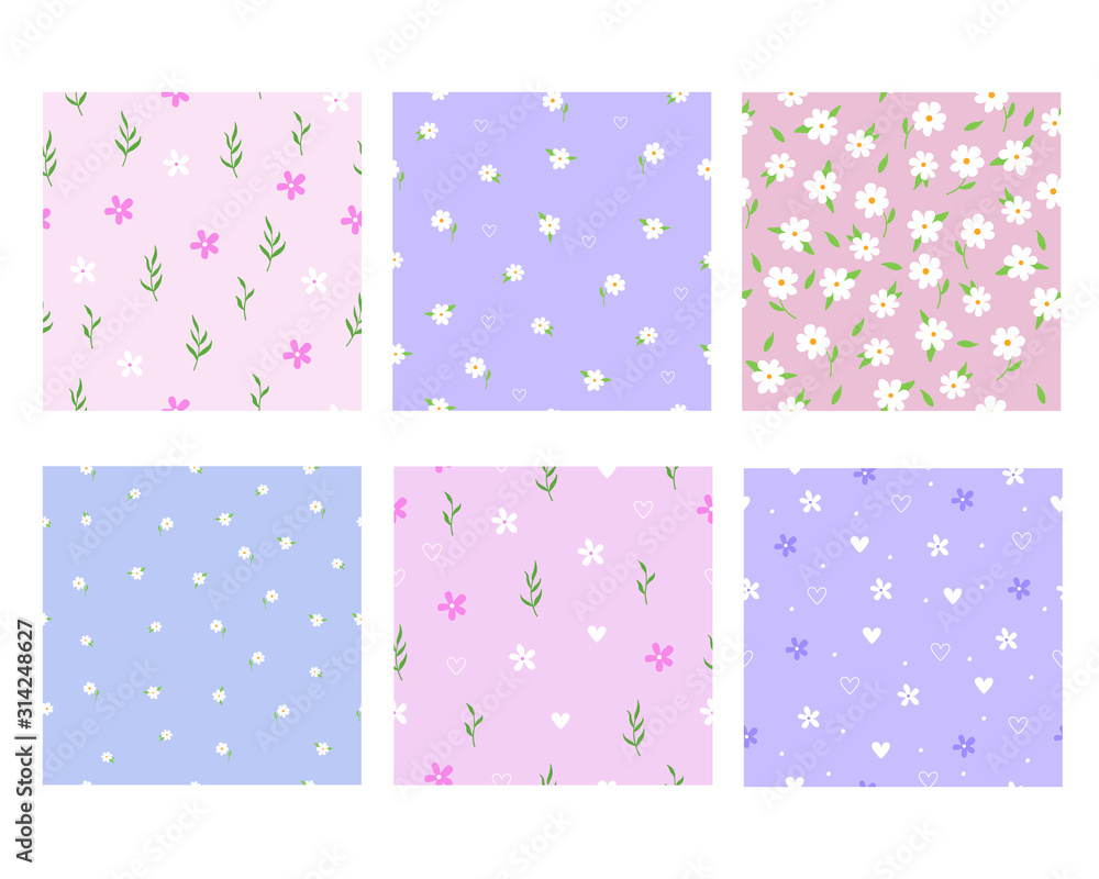 Vector graphics. Adorable, beautiful set of six different floral patterns. Light backgrounds. Vector graphics. Adorable, beautiful set of six different floral patterns. Light backgrounds.