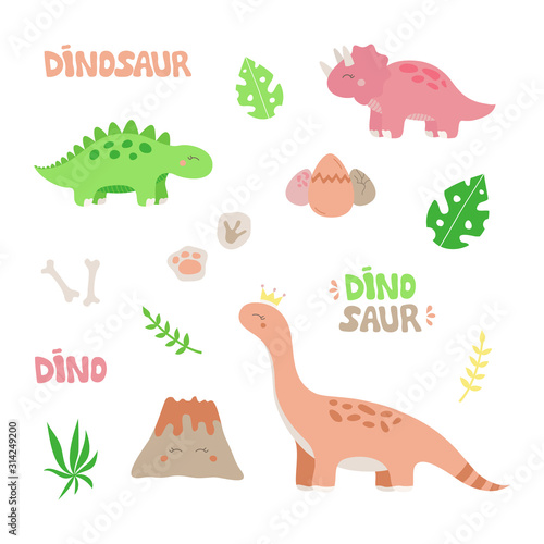 Prehistoric dinosaur vector illustration set. Hand drawn dinosaurs, volcano, plants, eggs, fossils and writings. Isolated.