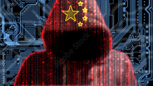 Canvas Print Hooded hacker with digital chinese texture on circuit background