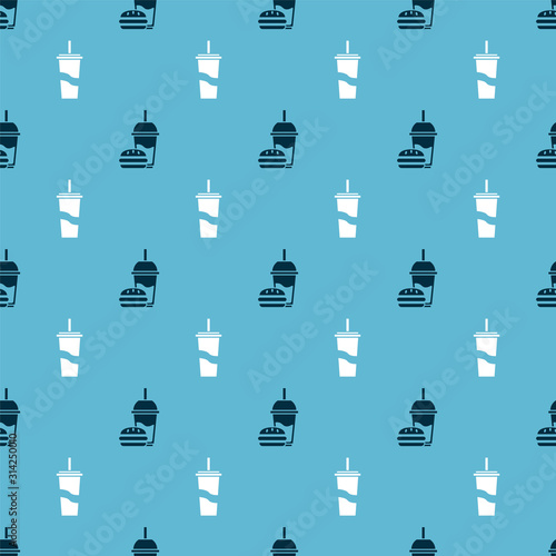 Set Paper glass with drinking straw and burger and Paper glass with drinking straw and water on seamless pattern. Vector