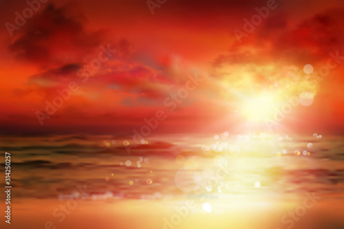 Sunset over the sea. Empty sandy beach in summer. Waves on the seashore. Vector illustration.