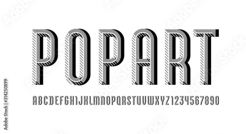 Pop art font, trendy striped alphabet sans serif, modern condensed letters and numbers with gray line, vector illustration