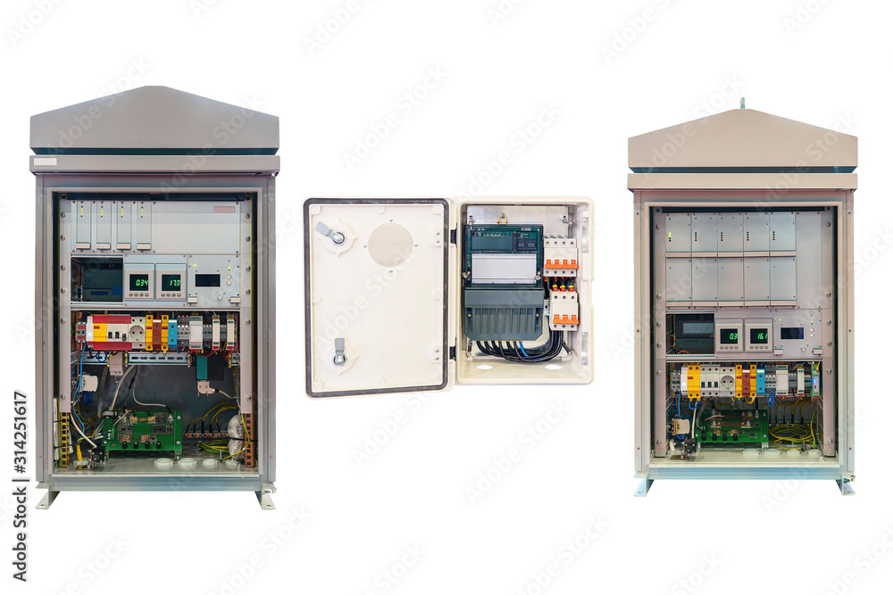 three electrical control cabinet with an open door isolated on a white background three electrical control cabinet with an open door isolated on a white background