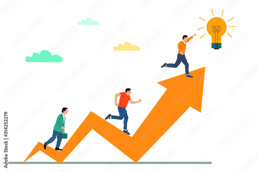 Vector drawing of people running towards their goal. The giant arrow motivates people to strive forward. Vector drawing of people running towards their goal. The giant arrow motivates people to strive forward.